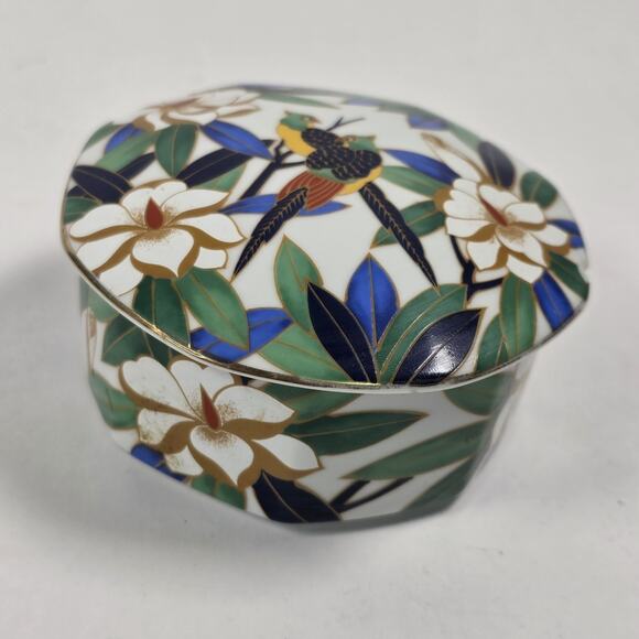 Vintage Takahashi Porcelain Lidded Peacock Trinket Box Tropicale Hand decorated - Picture 1 of 10
